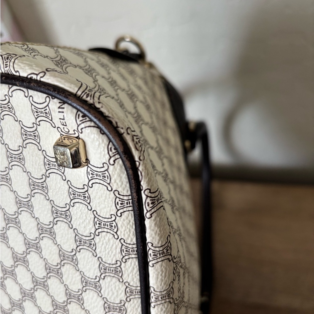 Celine Coated Canvas Macadam Dome Bag Cream and Dark Brown Bag with Gold Accents - Picture 14 of 14